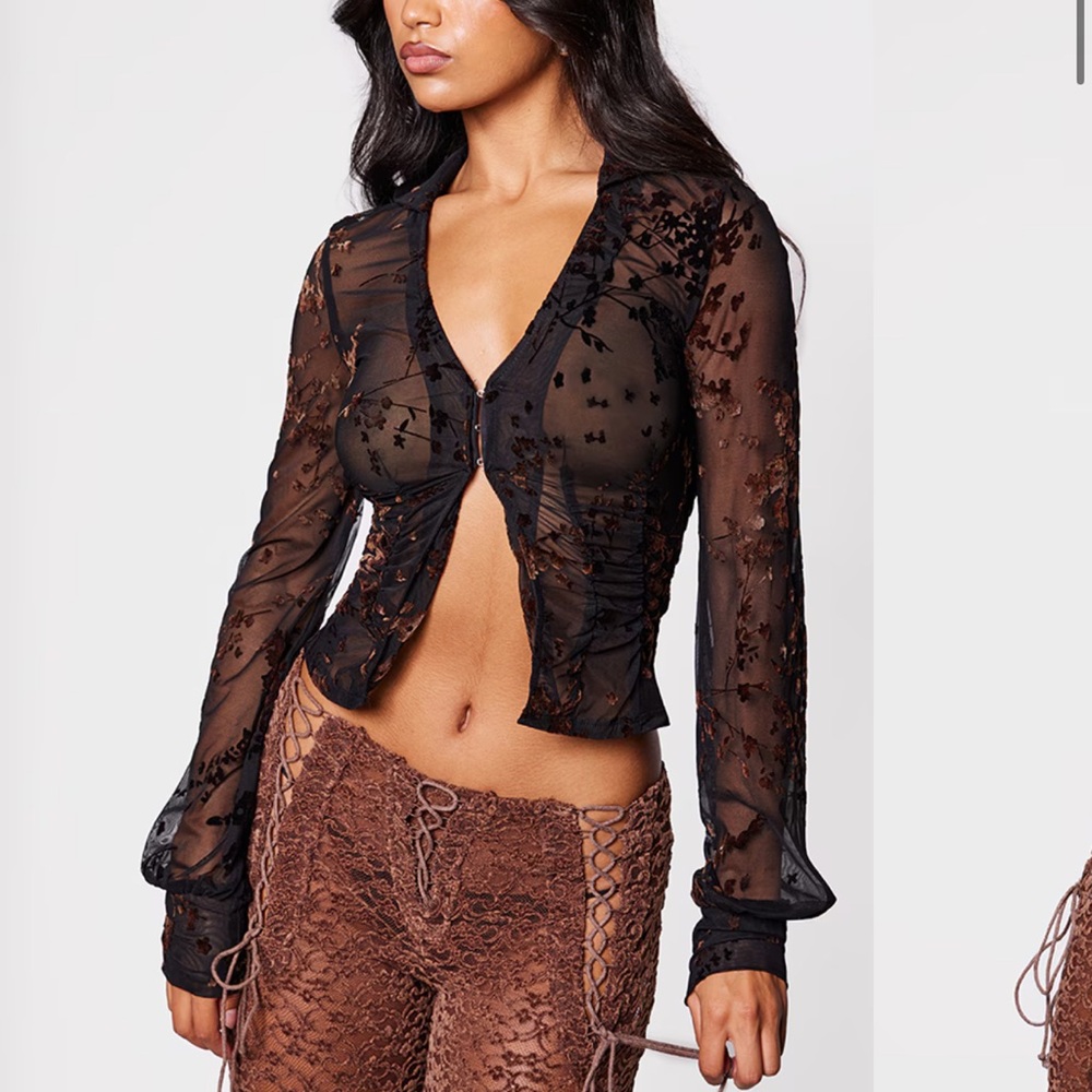 PLT Sheer Black Floral Top - 0 / XS